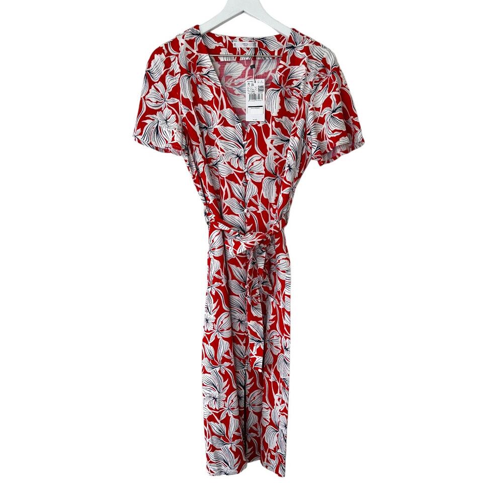 Mango Red Floral Wrap Midi Dress Short Sleeve Tie Waist Size Medium
